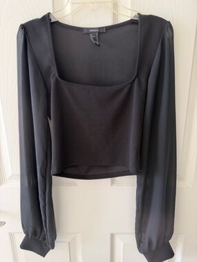 Forever 21 Black Square Neck Sheer Puff Sleeve Crop Top